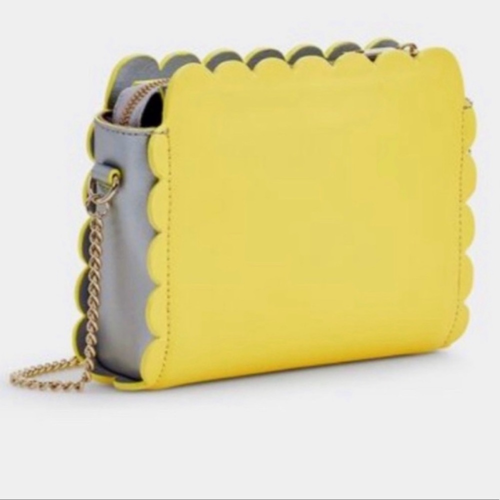 Talbots Plano Scalloped Leather Yellow & Silver Crossbody Bag Gold Chain Strap